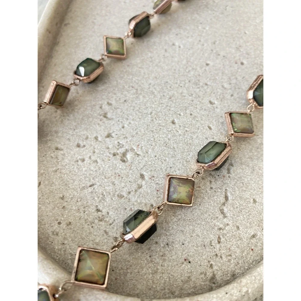 Green Aurora Glass Station Necklace Rose Gold Tone Geometric Link Long Bezel Set